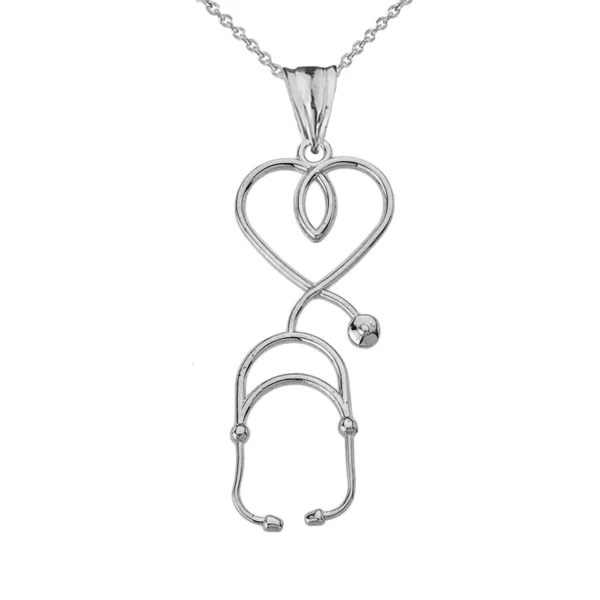 Stethoscope Heart Pendant Necklace In White Gold