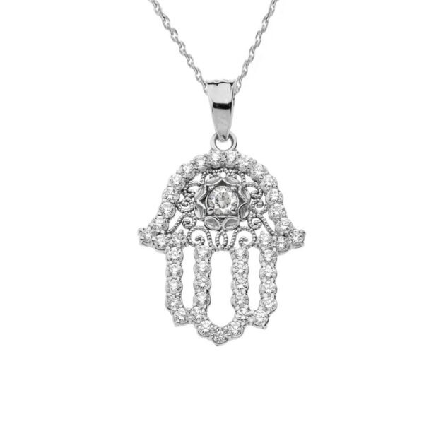 Chic White Topaz Hamsa Pendant Necklace In White Gold