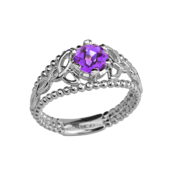 White Gold Genuine Amethyst Beaded Celtic Trinity Knot Engagement/Promise Ring