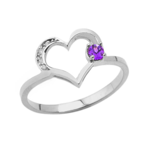 February Birthstone Genuine Amethyst And Diamond Heart Ring In White Gold