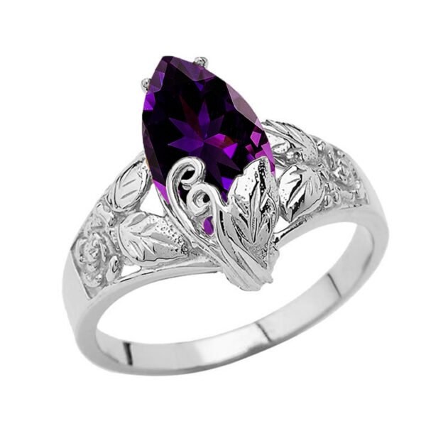 Filigree Floral Personalized (Lc) Birthstone Marquise Ring In 14k White Gold - Image 2