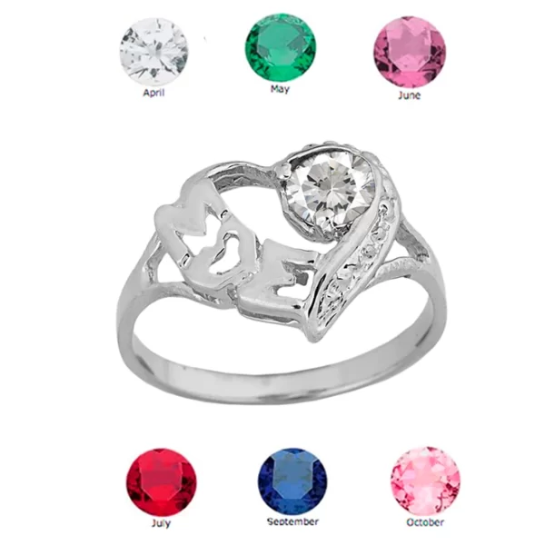 White Gold Personalized "Mom" Solitaire Open Heart Ring With Cz Birthstone