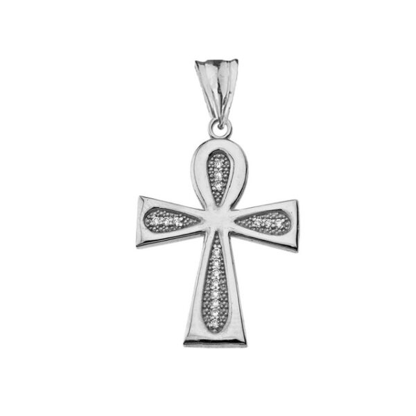 Diamond Sacred Ankh Cross Pendant Necklace In White Gold - Image 2