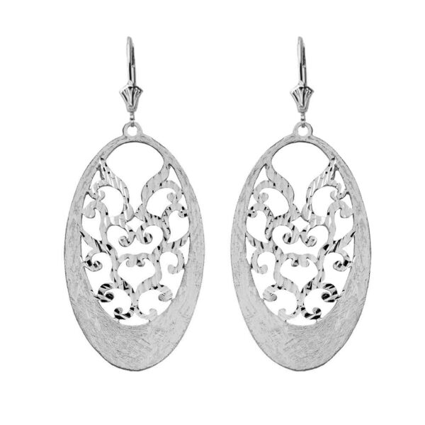 Handmade Designer Bohemian Filigree Oval Statement Earrings In Solid 14K White Gold