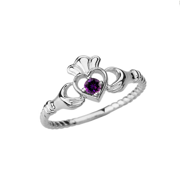 White Gold Genuine Amethyst Solitaire Promise Open Heart Rope Claddagh Ring