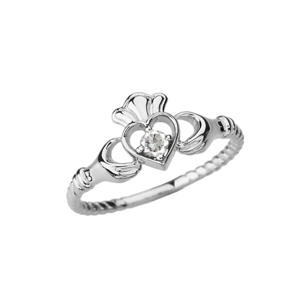 White Gold Diamond Solitaire & Promise Open Heart Rope Claddagh Ring