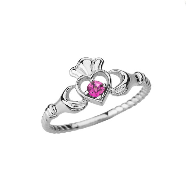 White Gold Lab Created Alexandrite Solitaire & Promise Open Heart Rope Claddagh Ring