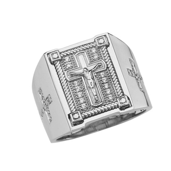 Mens Cross Ring In Solid White Gold