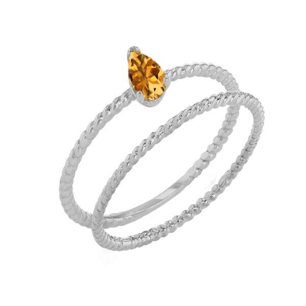 Modern Dainty Genuine Citrine Pear Shape Rope Ring Stacking Set In White Gold