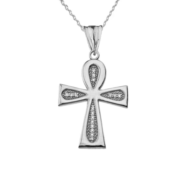 Diamond Sacred Ankh Cross Pendant Necklace In White Gold