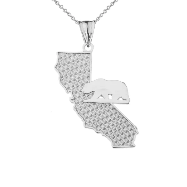 California State Map With Grizzly Bear Silhouette In Sterling Silver