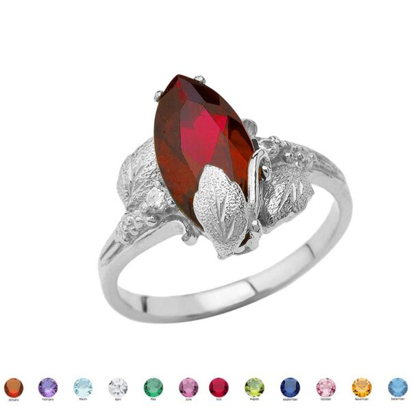 Personalized (Lc) Birthstone Marquise Leaf Ring In 14k White Gold