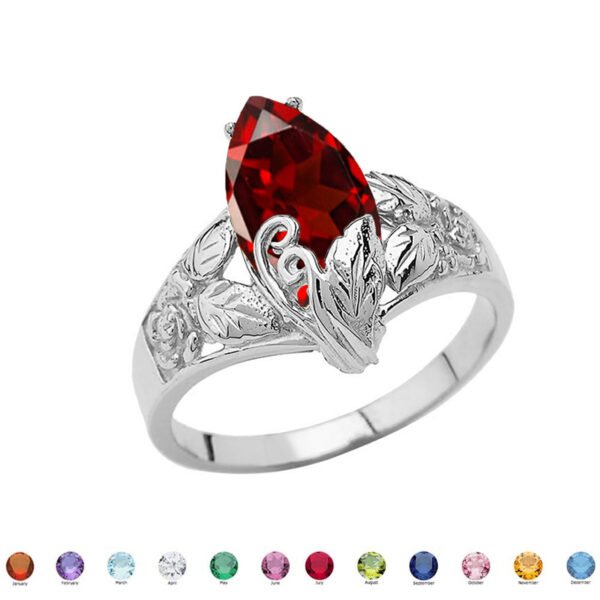 Filigree Floral Personalized (Lc) Birthstone Marquise Ring In 14k White Gold