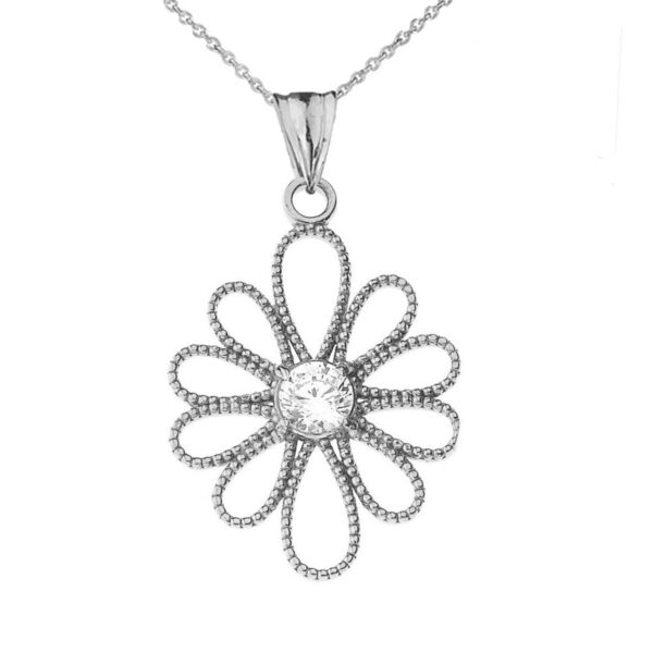 Designer Milgrain Flower Pendant Necklace In Sterling Silver