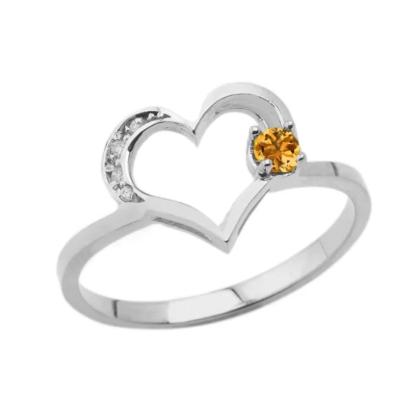 November Birthstone Citrine And Diamond Heart Ring In White Gold