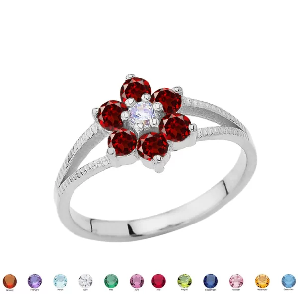 Dainty Milgrain Flower Personalized Birthstone Ring In Sterling Silver