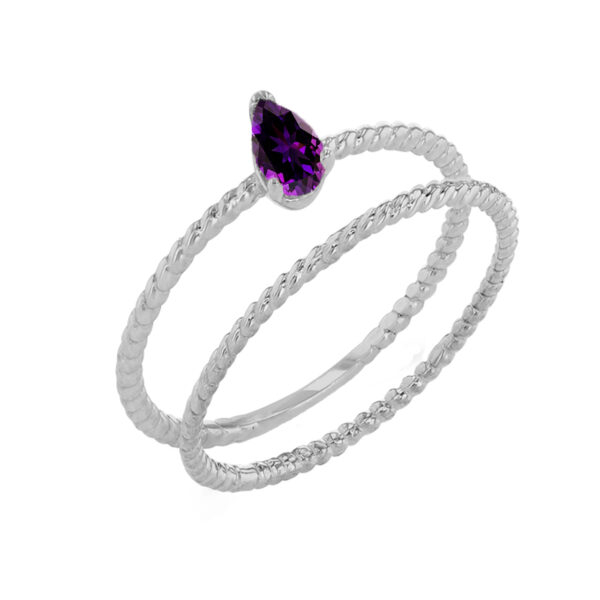 Modern Dainty Genuine Amethyst Pear Shape Rope Ring Stacking Set In White Gold