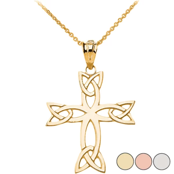 Celtic Trinity Cross Pendant Necklace In Solid Gold (Yellow/Rose/White)