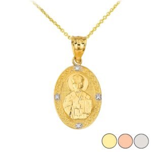 Saint Nicholas Pray For Us Oval Diamond Pendant Necklace In Gold (Yellow/ Rose/White)