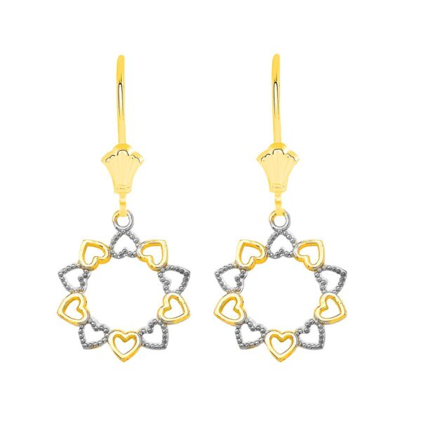 Filigree Little Hearts Leverback Earrings In Solid Yellow Gold