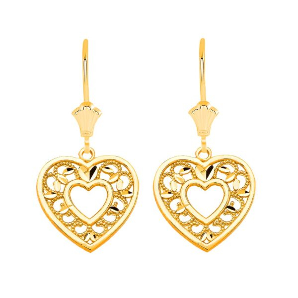 Textured Filigree Heart Leverback Earrings In Solid Yellow Gold