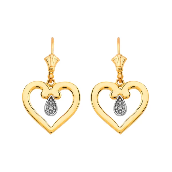 Open Heart Two-Tone Diamond Leverback Earrings In Yellow Gold