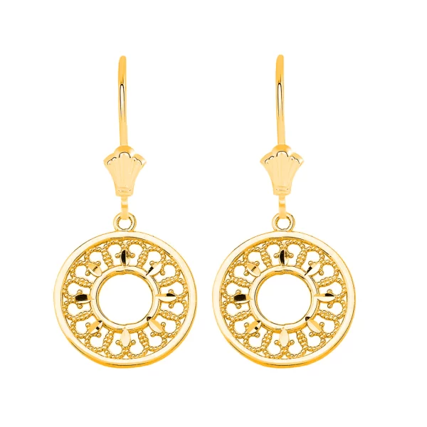 Filigree Concentric Circle Leverback Earrings In Solid Yellow Gold