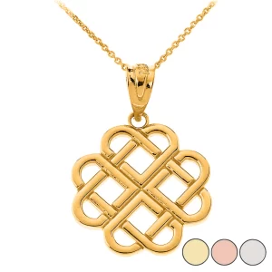 Interlocking Hearts Celtic Love Knot Pendant Necklace In Solid Gold (Yellow/Rose/White)
