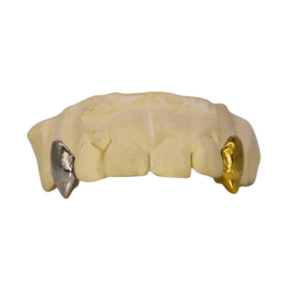 Custom Two-Tone 2 Teeth With Nugget Design Gold Grillz