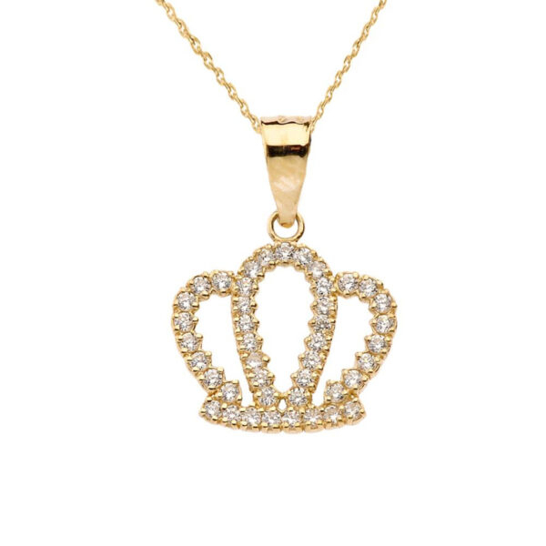 Solid Yellow Gold Radiant Diamond Royal Crown Pendant Necklace