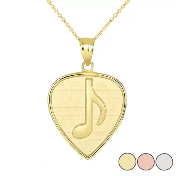 Guitar Pick With Engraved Music Note Pendant Necklace In Gold (Yellow/ Rose/White)