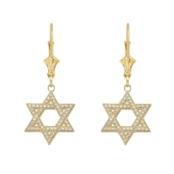 Yellow Gold Diamond Jewish Star Of David Earrings