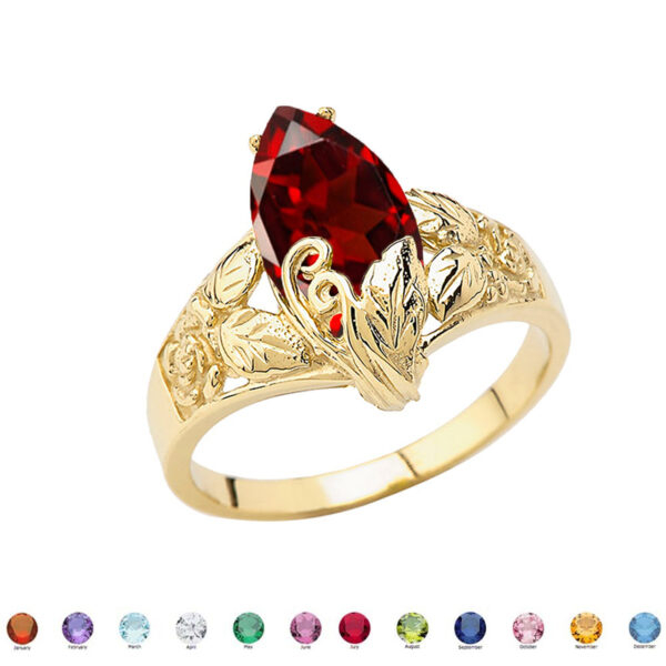 Filigree Floral Personalized (Lc) Birthstone Marquise Ring In 14k Yellow Gold