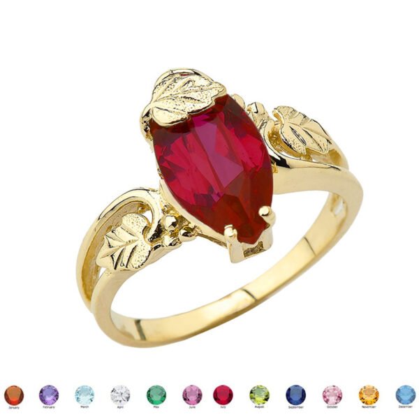 Marquise Leaf Ring With Personalized (Lc) Birthstone In 14k Yellow Gold