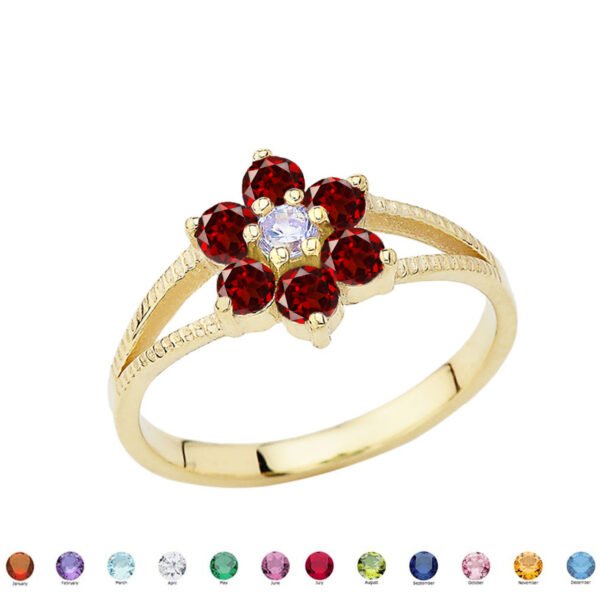 Dainty Milgrain Flower Personalized Birthstone Ring In 14k Yellow Gold