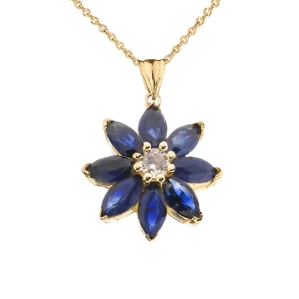 Genuine Sapphire And Diamond Daisy Pendant Necklace In Yellow Gold