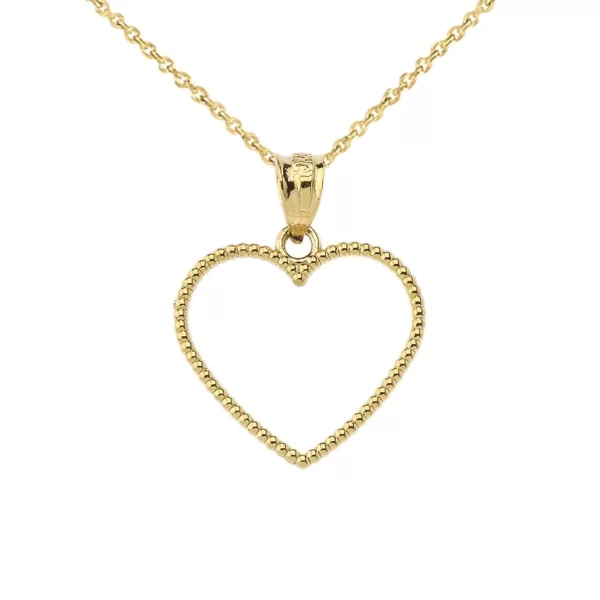 Two Sided Beaded Open Heart Pendant Necklace In Yellow Gold (0.9") - Image 2