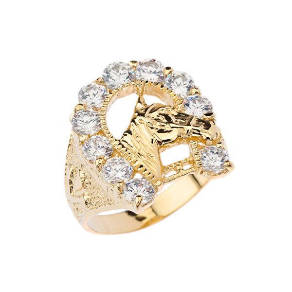 Mens Cubic Zirconia Horseshoe Ring In Yellow Gold