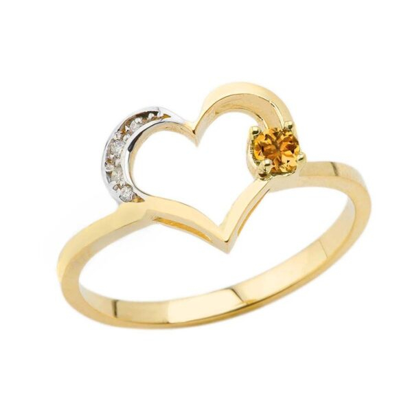 November Birthstone Citrine And Diamond Heart Ring In Yellow Gold