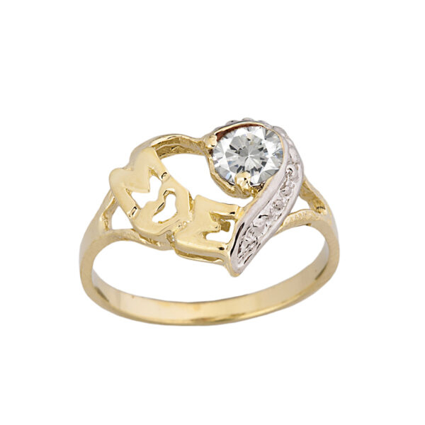 Yellow Gold Personalized "Mom" Solitaire Open Heart Ring With Cz Birthstone