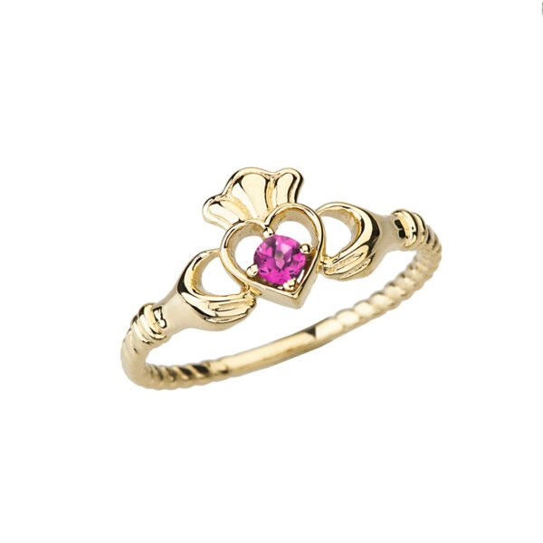 Yellow Gold Lab Created Alexandrite Solitaire & Promise Open Heart Rope Claddagh Ring