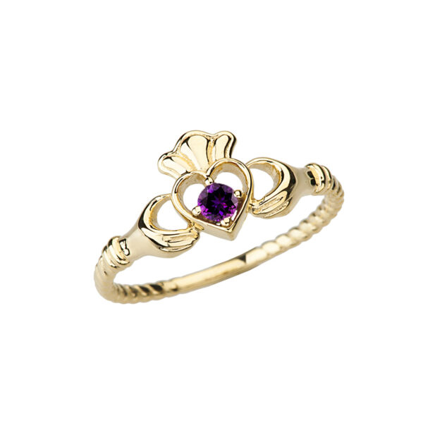 Yellow Gold Genuine Amethyst Solitaire & Promise Open Heart Rope Claddagh Ring