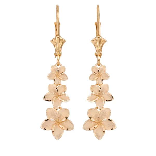 Elegant Plumeria Flower Leverback Earrings In Yellow Gold