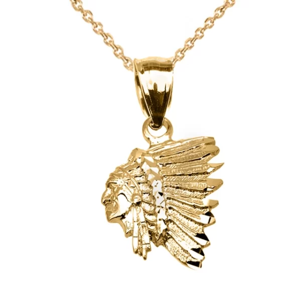 Yellow Gold Native American Indian Head Pendant Necklace