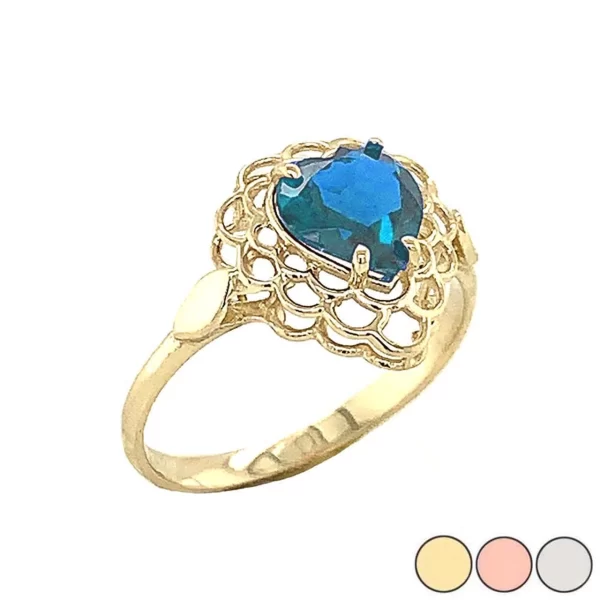 Blue Topaz Filigree Heart-Shaped Ring In Gold (Yellow/Rose/White)