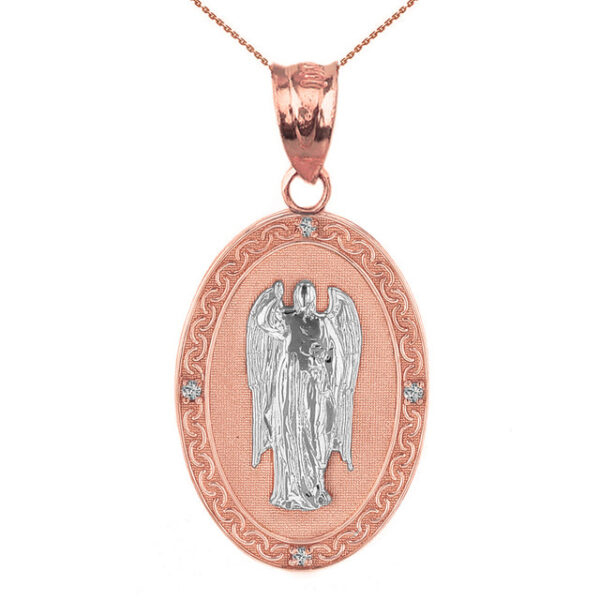 Two Tone Solid Rose Gold Archangel Saint Gabriel Diamond Oval Medallion Pendant Necklace 1.19" ( 30 mm)