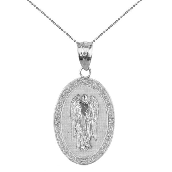 Sterling Silver Archangel Saint Gabriel CZ Oval Medallion Pendant Necklace 1.02" (25 mm)