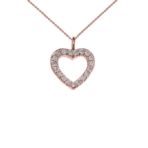 14k Reversible Diamond And High Polish Plain Open Heart Rose Gold Charm Dainty Pendant Necklace