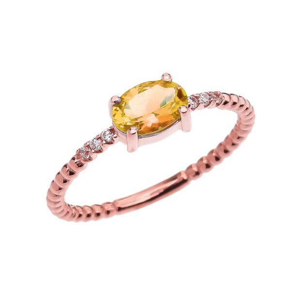 Diamond Beaded Band Ring With Citrine Centerstone In Rose Gold