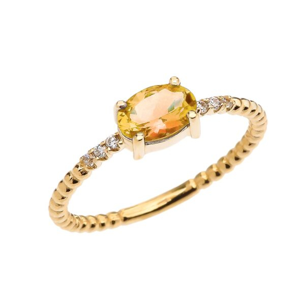 Diamond Beaded Band Ring With Citrine Centerstone In Yellow Gold